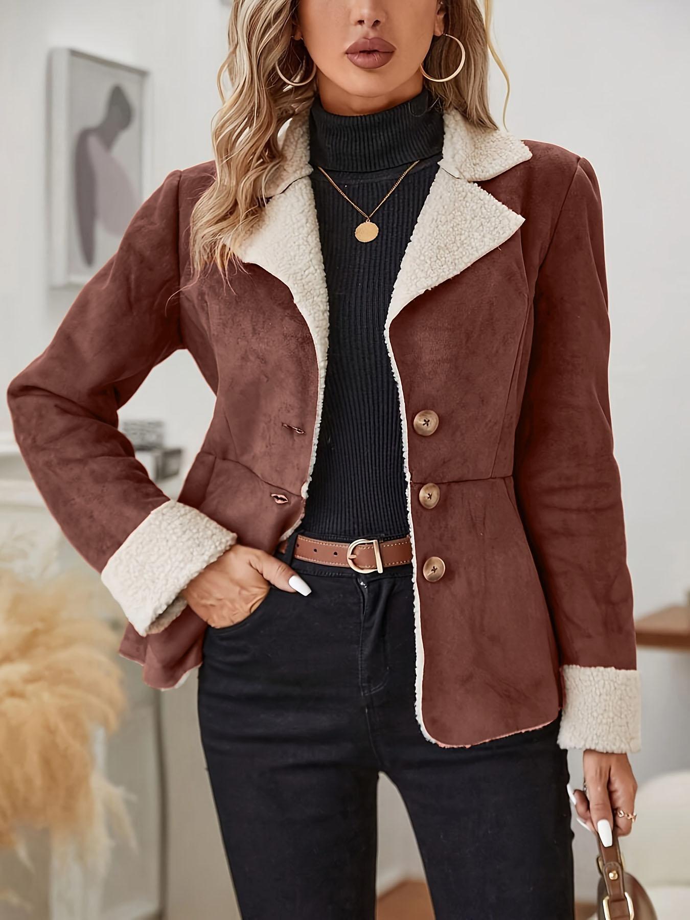 Manteau Cuir et Velours à Col Revers