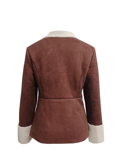 Manteau Cuir et Velours à Col Revers